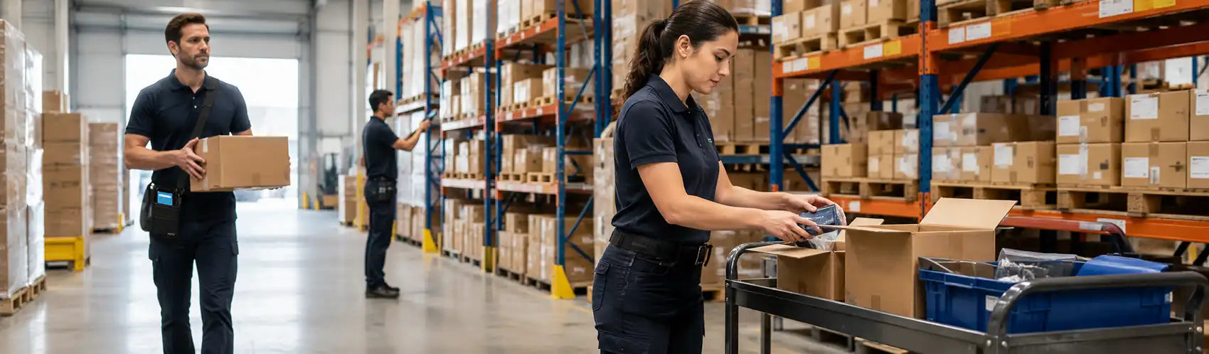 Warehouse employees using wearable Agoz accessories to keep Almex mobile computers accessible during picking, packing, and inventory tasks.