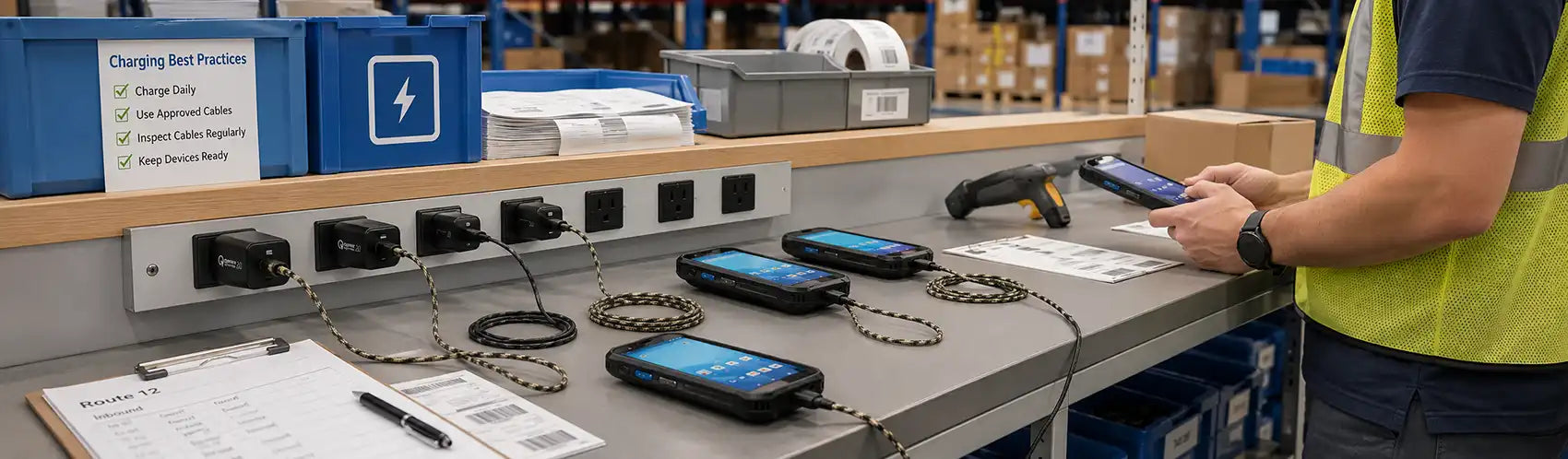 Multiple Almex mobile computers connected to Agoz charging cables and wall adapters at an organized warehouse charging station.