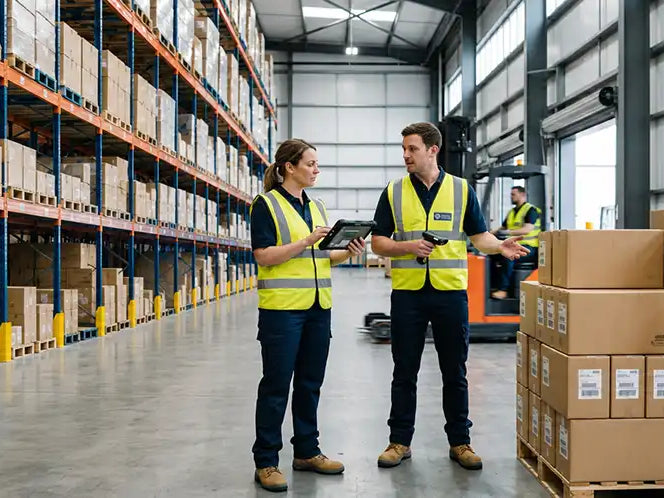 Warehouse operations team reviewing inventory activity and mobile workflows beside palletized shipments in a distribution center.