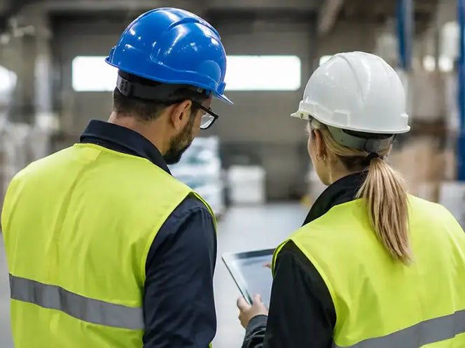 Two warehouse professionals wearing high-visibility safety vests and hard hats review information on a tablet while standing in a modern distribution center with pallet racks and stacked inventory in the background.