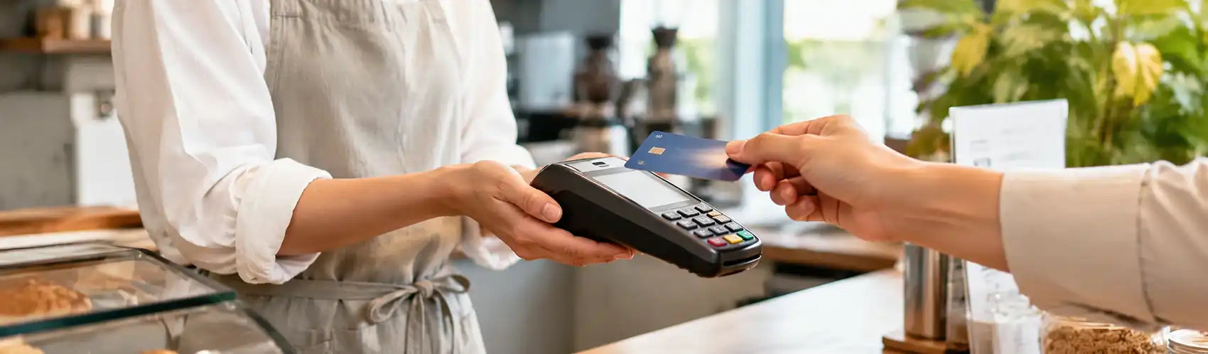 Verifone POS payment terminal used for a contactless card transaction at a café counter