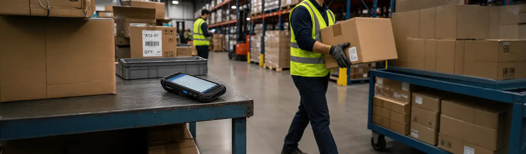 Unsecured rugged mobile computer left near the edge of a warehouse workbench as an employee carries a shipping box nearby.