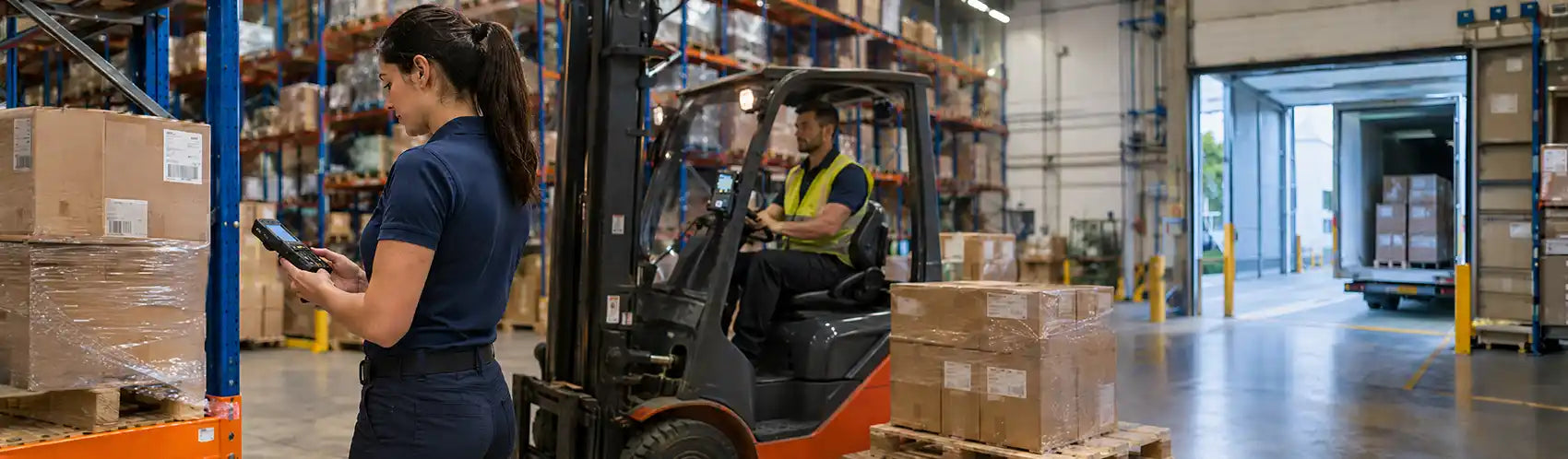 Warehouse associate checking inventory with a CipherLab mobile computer while a forklift operator works near the loading dock.