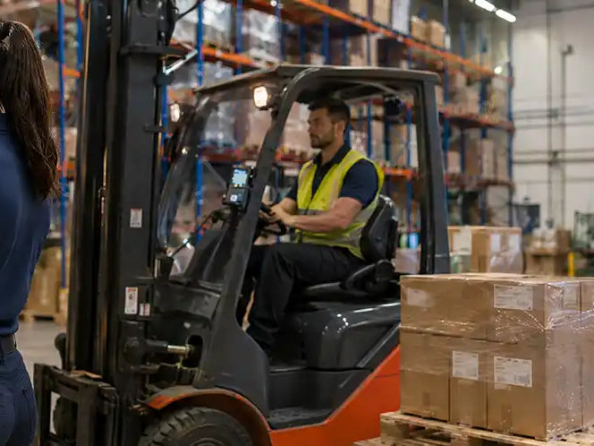 Warehouse associate checking inventory with a CipherLab mobile computer while a forklift operator works near the loading dock.
