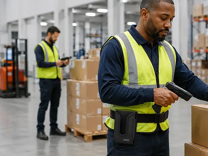 Warehouse employees using Cognex scanners to verify cartons, with an Agoz black scanner holster worn at the waist.