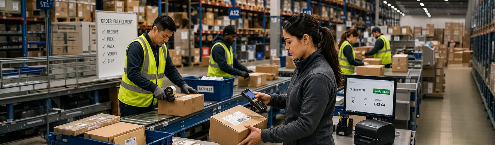 Warehouse order fulfillment team processing shipments at packing stations while a worker scans a package with a CipherLab mobile computer.