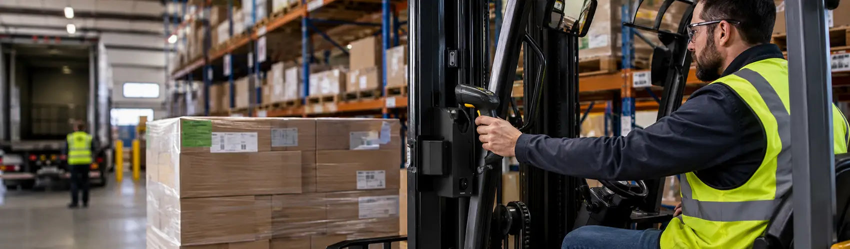 Forklift operator using a mounted Cognex barcode scanner beside palletized inventory in a warehouse receiving area.