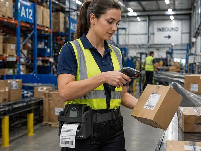 Logistics worker wearing an Agoz mobile printer waist belt while scanning a package in a warehouse fulfillment center.