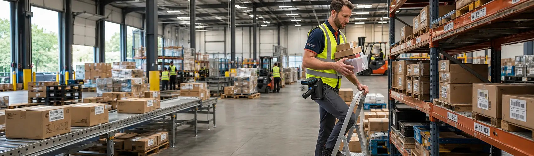Warehouse worker carrying packages while using a ladder beside storage racks with an RFID reader secured in an AgozTech holster.