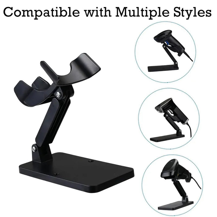 Adjustable black scanner stand showing handheld barcode scanner compatibility from multiple mounting angles.