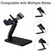Adjustable black scanner stand showing handheld barcode scanner compatibility from multiple mounting angles.