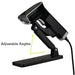 JLT barcode scanner positioned in an adjustable black scanner stand with angle adjustment shown.