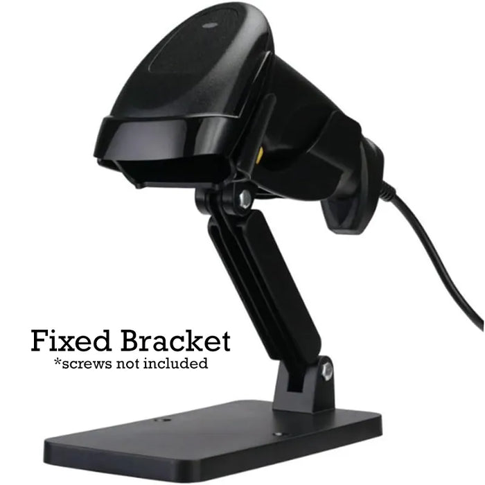 JLT handheld barcode scanner mounted in a black fixed bracket stand for scan station use.