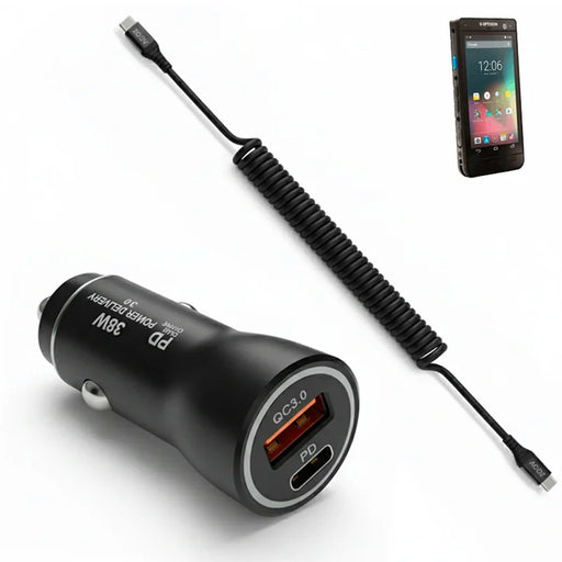 38W Fast Car Charger & USB-C Coiled Cable for Opticon Mobile Scanners
