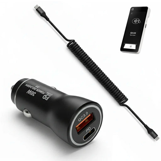 38W Fast Car Charger and USB-C Coiled Cable for Square Handheld POS