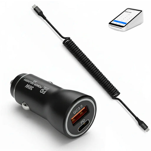 38W Fast Car Charger and USB-C Coiled Cable for Square Terminal POS