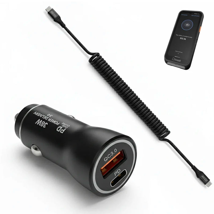 38W Fast Car Charger and USB-C Coiled Cable for Toast Go 3 POS