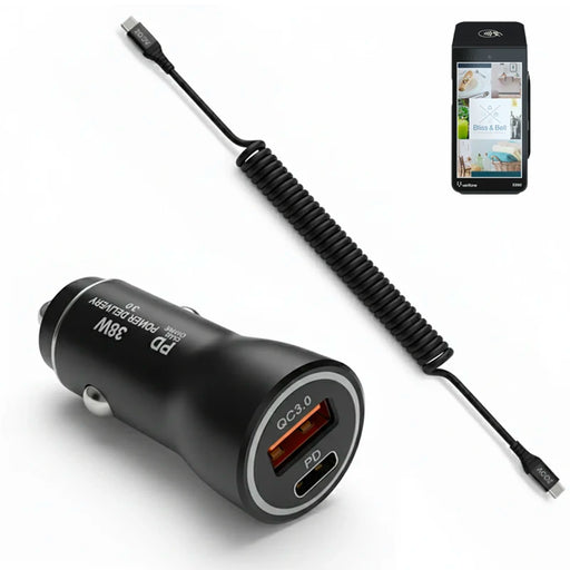38W Fast Car Charger and USB-C Coiled Cable for Verifone Handheld POS