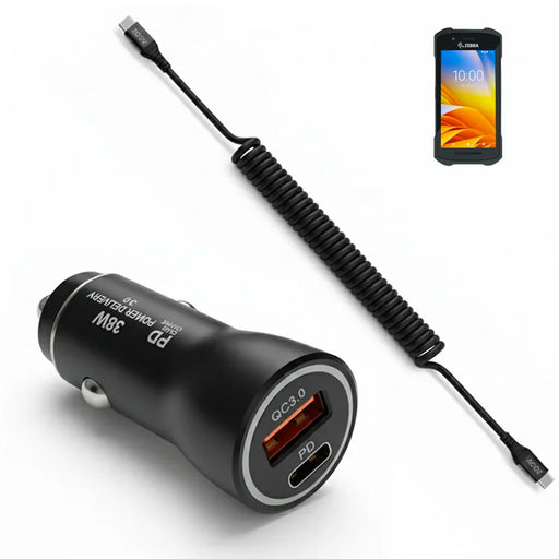 38W Fast Car Charger and USB-C Coiled Cable for Zebra TC58 Scanner