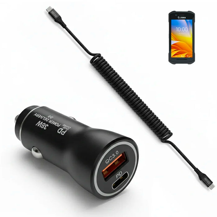 38W Fast Car Charger and USB-C Coiled Cable for Zebra TC78 Handheld