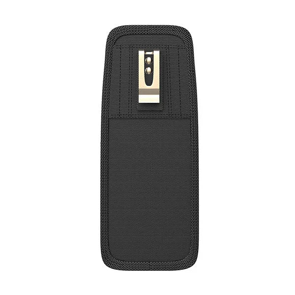 Rear view of the black Agoz mobile computer holster with metal belt clip