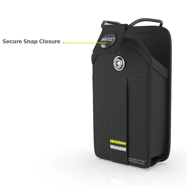 AgozTech Rugged Icom Radio Holster showing secure snap closure feature on black canvas case