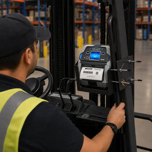 Forklift operator using a mounted SATO mobile printer secured in an AgozTech metal holder for warehouse labeling.
