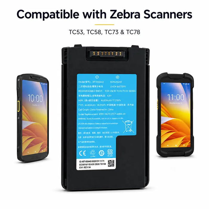 Agoz replacement battery shown with Zebra TC53 and TC73 scanners, compatible with TC53, TC58, TC73 and TC78 models.