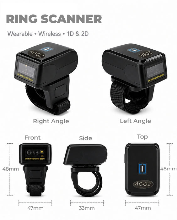 AGOZ AG-330RG wearable ring scanner worn on finger for hands-free barcode scanning in warehouse retail and inventory workflows
