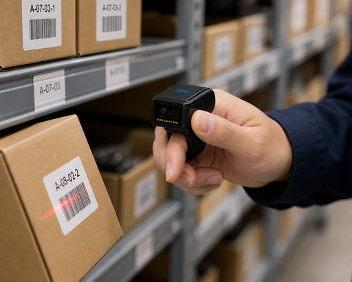 AGOZ AG-330RG ring barcode scanner shown with USB cable and 2.4G wireless receiver included in the package