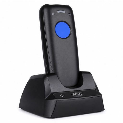 AGOZ AG-PK770 pocket barcode scanner with charging cradle on white background