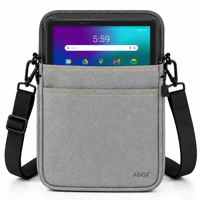 Orderman Pulse HT10 tablet in gray Agoz crossbody case with adjustable black shoulder strap, front accessory pocket, and secure side clips.