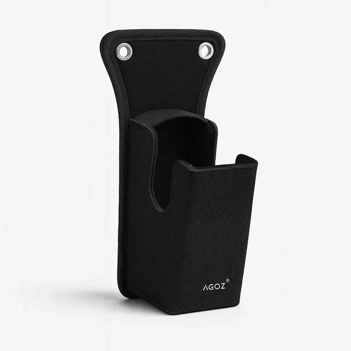 Black AgozTech scanner holster case with a JLT barcode scanner positioned upright inside the front pouch.