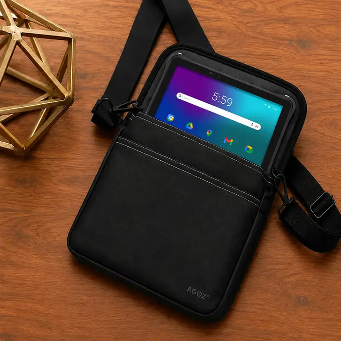Black Agoz Orderman Pulse HT10 tablet carrying case with adjustable shoulder sling displayed on a wooden table, showing the open-top design.