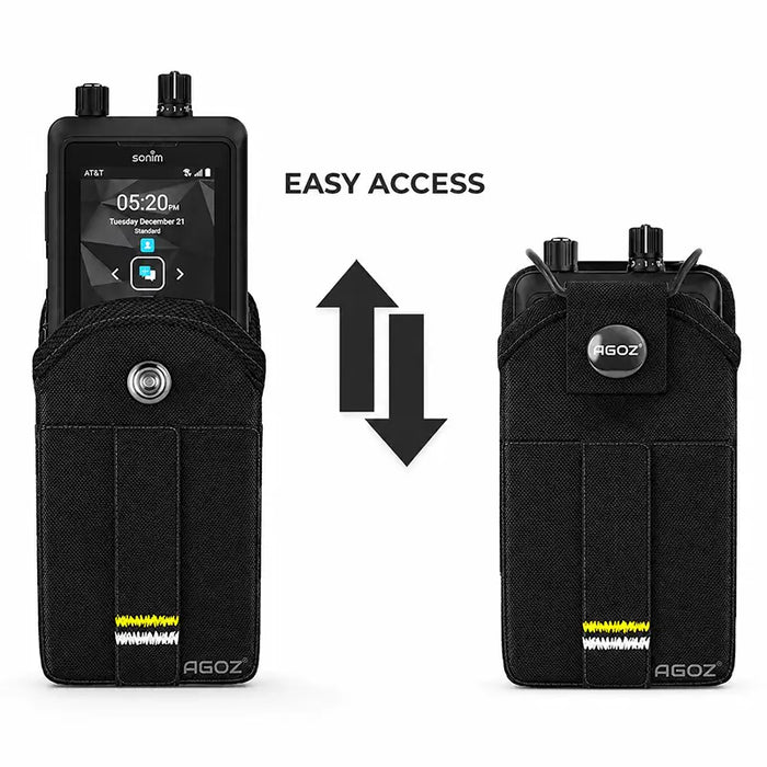 Sonim communication terminal case shown open and closed to highlight quick device access and secure snap closure.