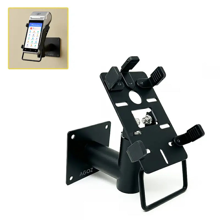 AgozTech heavy-duty metal wall mount for Newland POS terminals with adjustable mounting brackets and Newland POS installed in inset image.