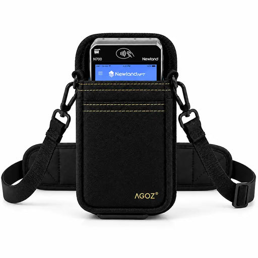 Agoz black Newland POS terminal holster with adjustable crossbody sling, waist strap, and front accessory pocket.