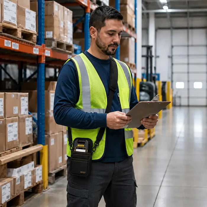 Warehouse worker wearing black Cognex barcode reader sling holster while reviewing a clipboard near inventory shelving.