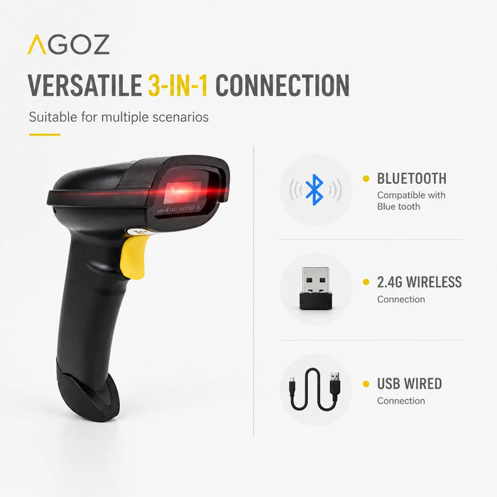 AGOZ D280 barcode scanner with Bluetooth 2.4G wireless and USB wired connection options for business scanning workflows