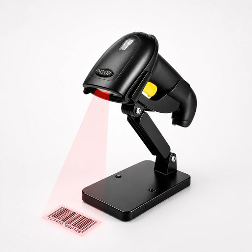 AGOZ D280 wireless 2D barcode scanner mounted on adjustable stand with realistic scan light for retail POS inventory and warehouse scanning