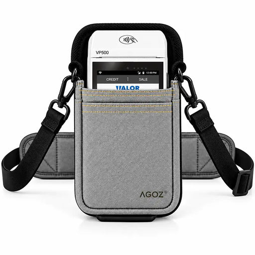 Gray Agoz crossbody holster carrying a white Valor payment terminal with adjustable black shoulder sling and padded waist support.