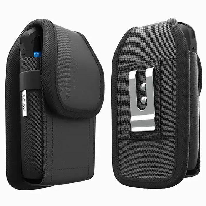Front and back view of the AgozTech Datalogic handheld case showing flap closure, side access, and metal belt clip attachment.