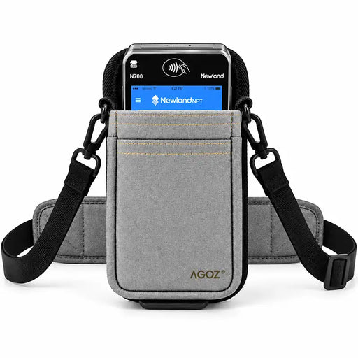 Agoz gray Newland payment terminal holster featuring an adjustable crossbody shoulder sling and waist strap.