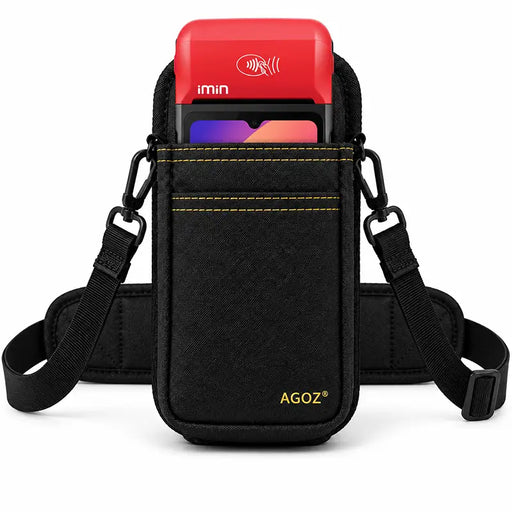 iMin POS handheld terminal secured in an Agoz holster with adjustable carrying strap and padded shoulder support.