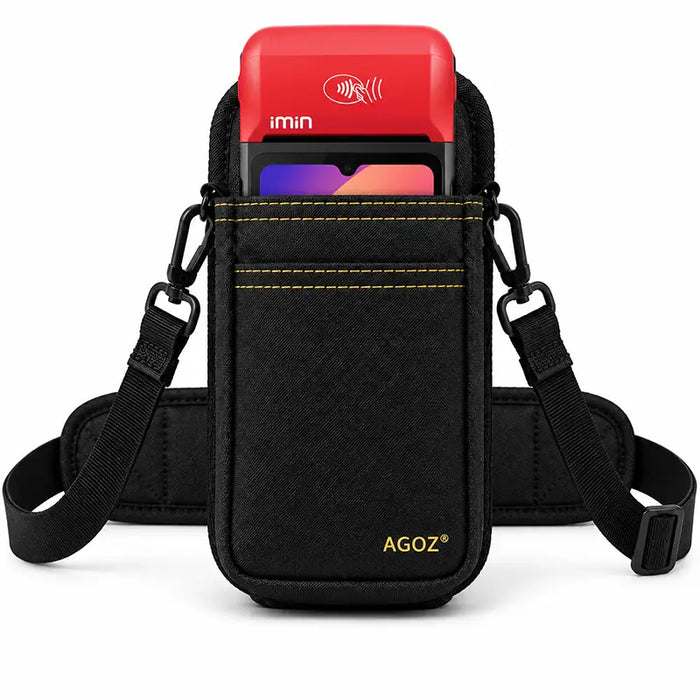iMin POS handheld terminal secured in an Agoz holster with adjustable carrying strap and padded shoulder support.