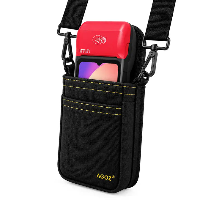 iMin POS handheld terminal in an Agoz black holster with adjustable crossbody shoulder strap.