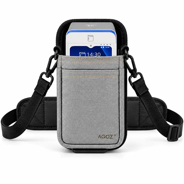 myPOS payment terminal secured in an Agoz gray holster with adjustable carrying straps and waist belt.