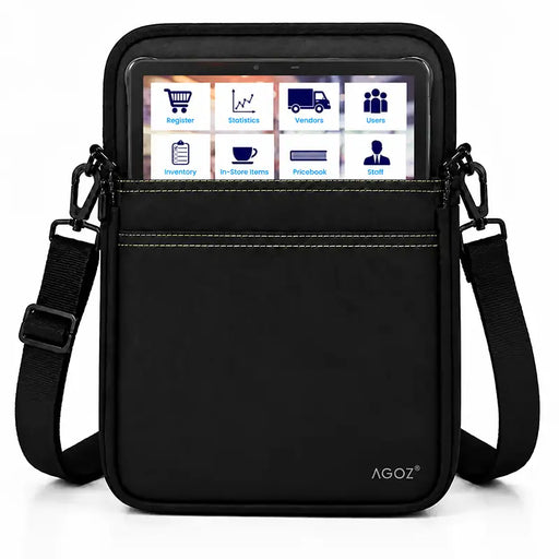 Black Agoz PAX payment tablet case with adjustable crossbody shoulder sling, front accessory pocket, and secure metal clips.