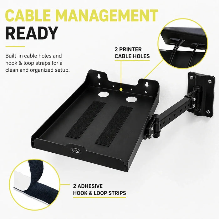 AgozTech Zebra printer Zd411  wall mount shelf with cable holes and hook and loop straps for cable management