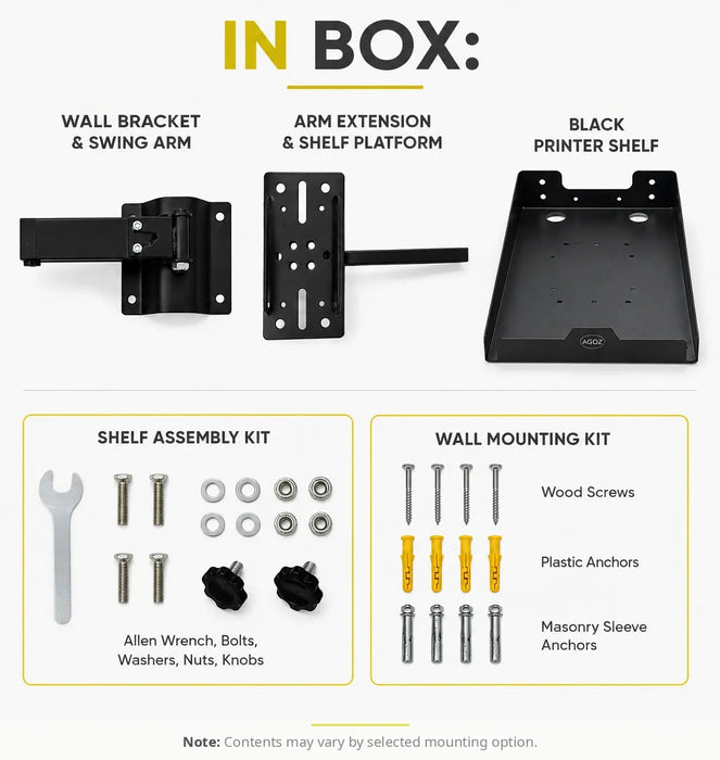 AgozTech Zebra printer wall mount shelf kit with wall bracket, swing arm, shelf platform, hardware, screws, and anchors